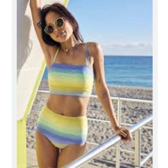 Aerie longline bandeau top and high waist bottom bikini yellow stripe size med - Picture 1 of 7